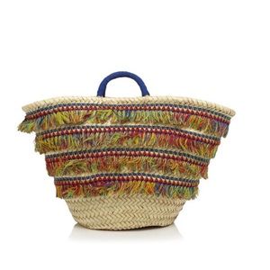 Caterina Bertini Multicolor Fringe Straw Tote Woven Basket Handbag Boho Topical